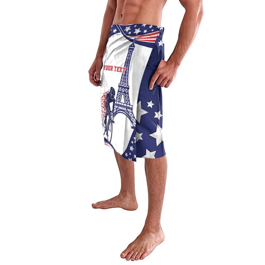 Blue sport shorts with stars and Eiffel Tower graphic, red “YOUR TEXT”