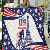 Personalized USA cycling quilt with blue stars, white base, red stripes, cyclist and Eiffel