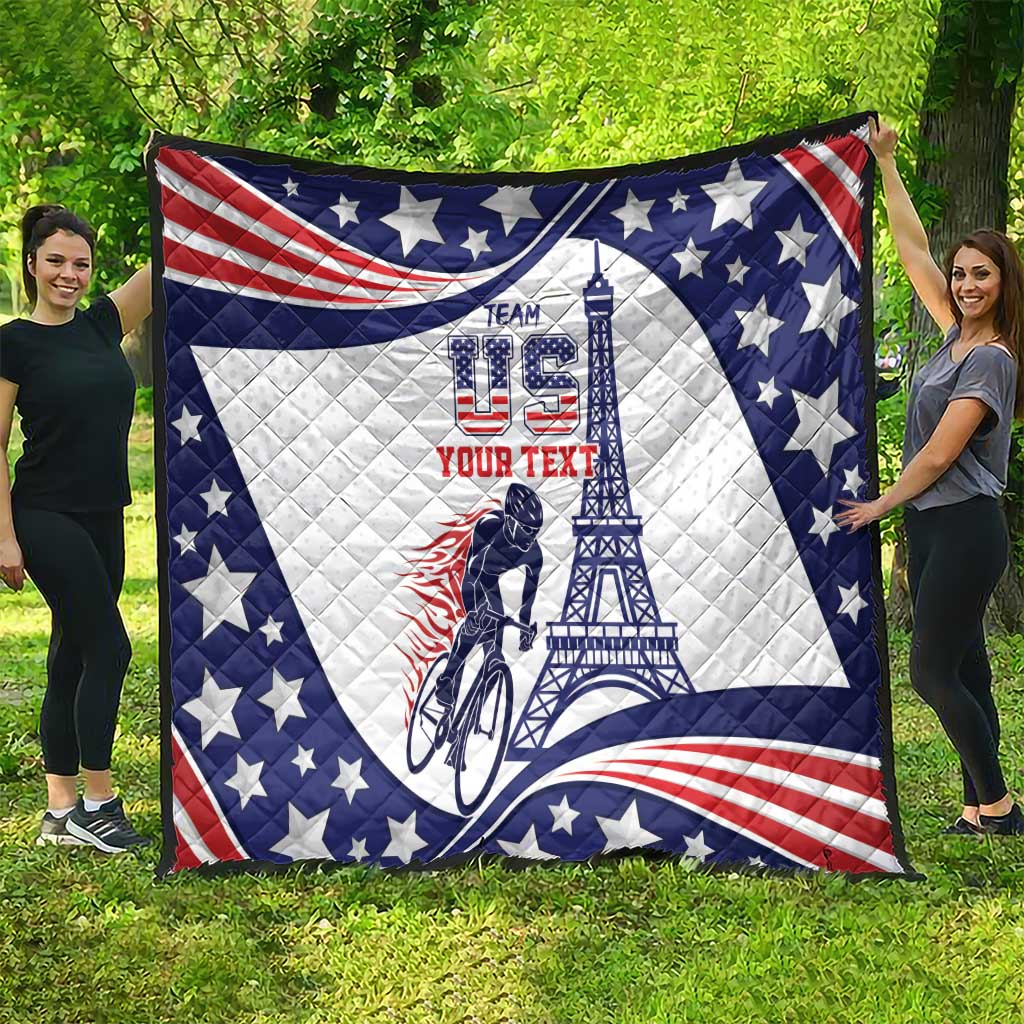 Personalized USA cycling quilt draped outdoors, blue stars, red stripes, cyclist and Eiffel