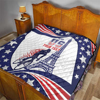 Personalized USA cycling quilt on bed, blue star pattern, red stripes, cyclist and Eiffel