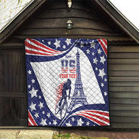 Personalized USA cycling quilt hanging, blue stars, white center, red stripes, cyclist and Eiffel