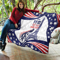 Personalized USA cycling quilt spread on patio, blue stars, red stripes, cyclist and Eiffel