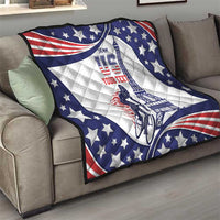 Personalized USA cycling quilt on sofa, blue stars and red stripes with cyclist and Eiffel design