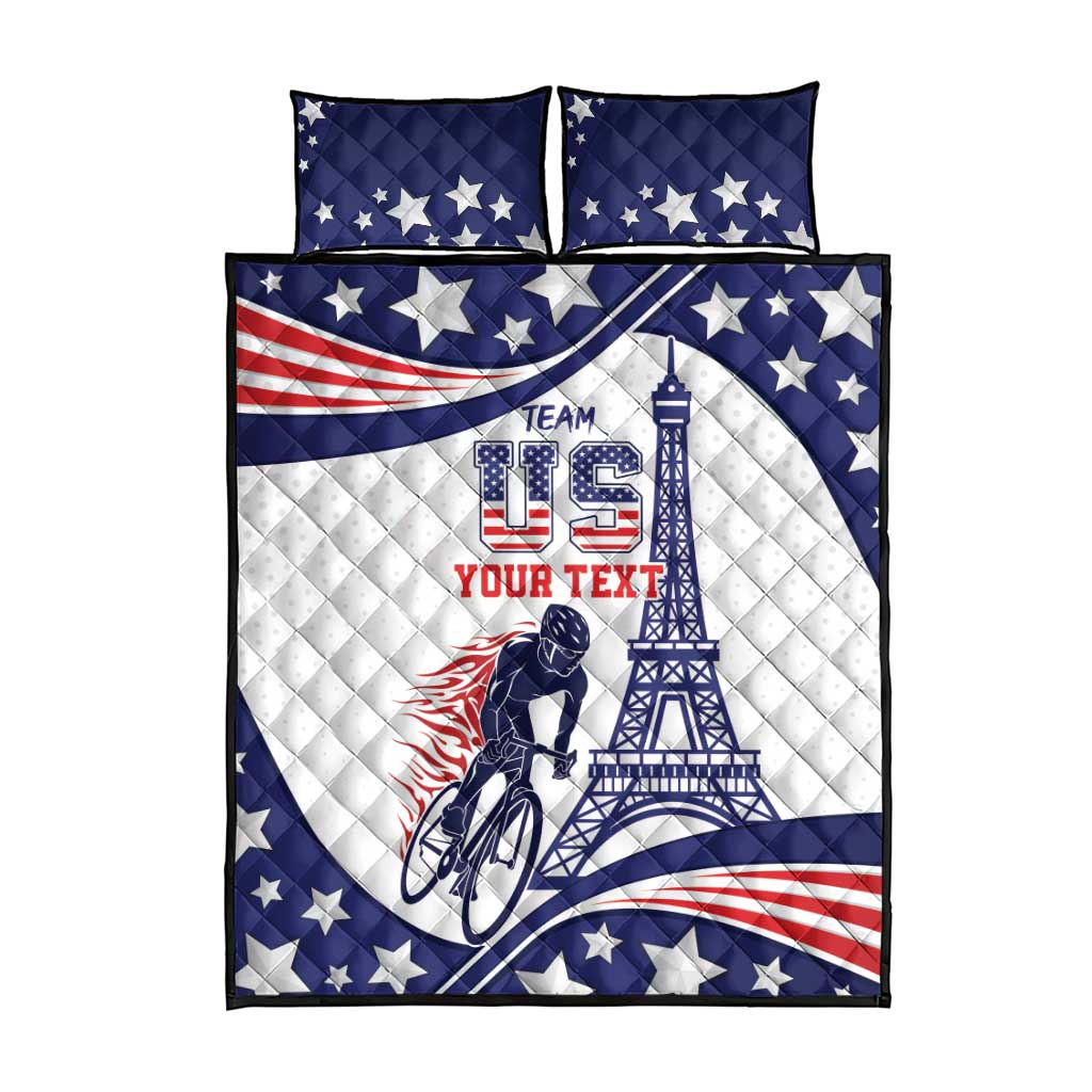 Blue quilt bed set with two pillows, star pattern, cyclist and Eiffel Tower, custom text