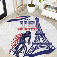 Round personalized sports rug with cyclist graphic, Eiffel Tower, and blue/red TEAM text