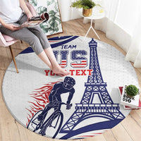 Round sports rug, grey with cyclist and Eiffel Tower artwork and bold blue/red text