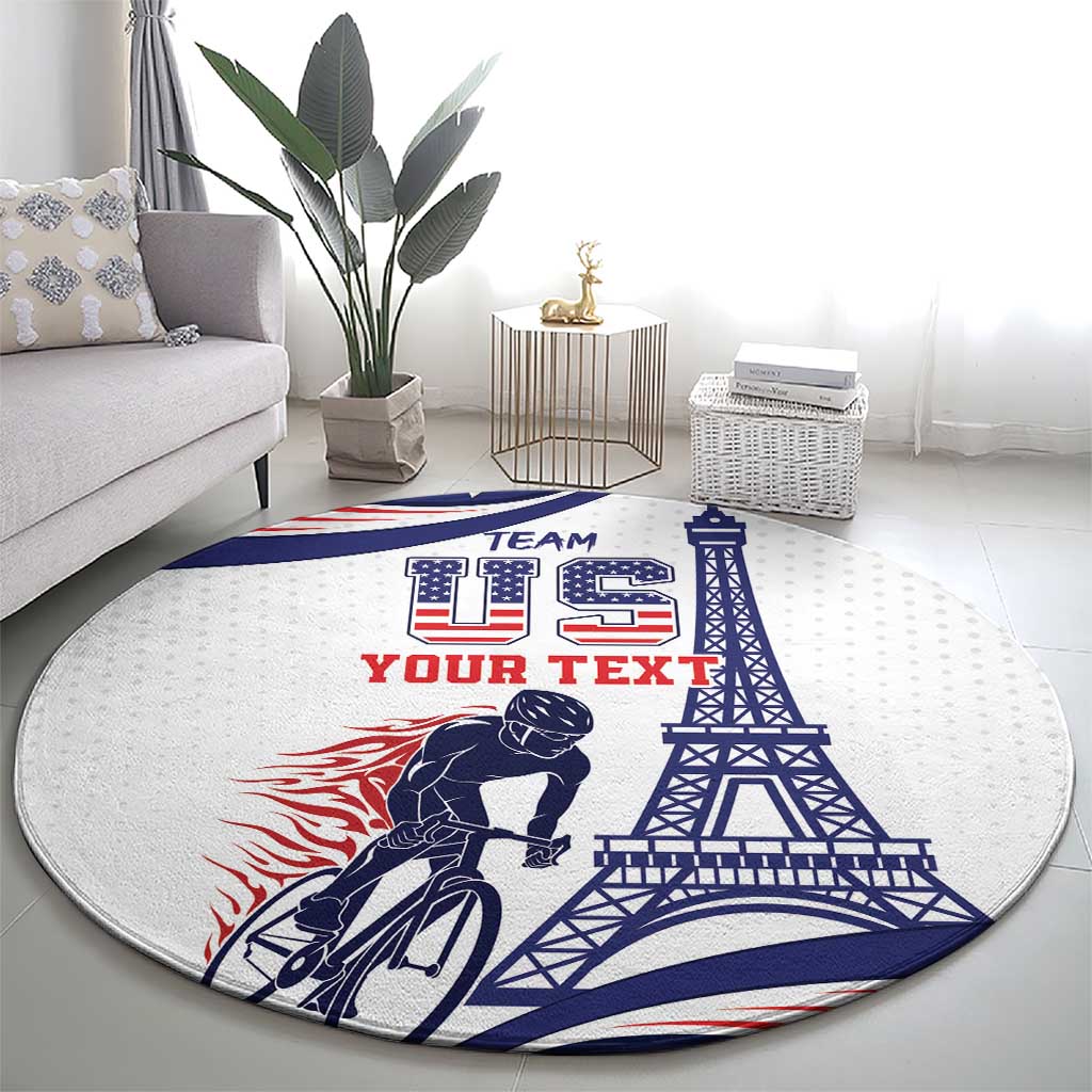 Round sports rug featuring cyclist and Eiffel Tower graphics with blue TEAM and YOUR TEXT