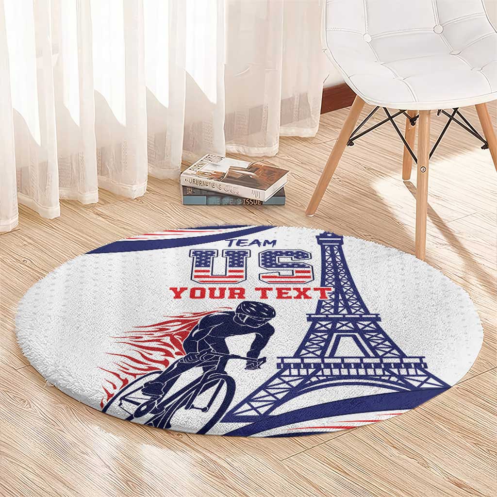 Round grey rug with Eiffel Tower and cyclist print, blue TEAM and YOUR TEXT
