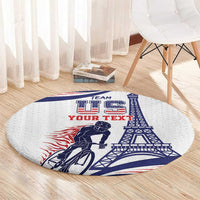 Round grey rug with Eiffel Tower and cyclist print, blue TEAM and YOUR TEXT