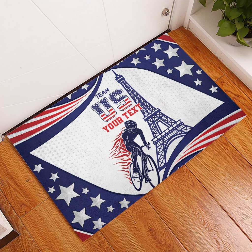 Blue, white and red cycling doormat with stars, stripes, Eiffel Tower and cyclist graphic