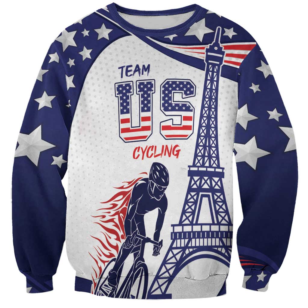 Blue and white crewneck sweatshirt with stars, USA cycling graphic, Eiffel Tower