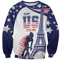Blue and white crewneck sweatshirt with stars, USA cycling graphic, Eiffel Tower