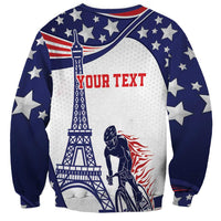 Blue and white crewneck sweatshirt with stars, YOUR TEXT, cyclist and Eiffel Tower