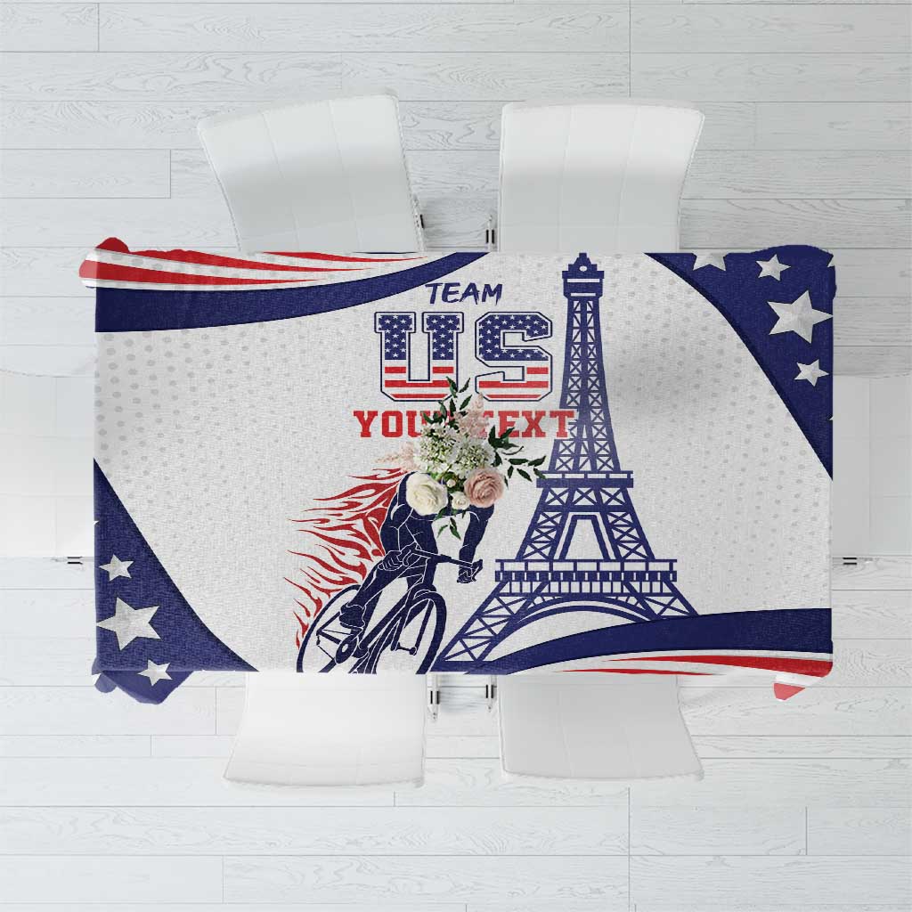 Blue, red and white USA map, Eiffel tower and cyclist graphic tablecloth