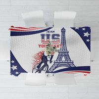 Blue, red and white USA map, Eiffel tower and cyclist graphic tablecloth