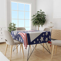 Patriotic blue, red and white tablecloth with star shapes and Eiffel tower graphic