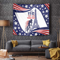USA cycling wall tapestry showing stars and red-white stripes around Eiffel tower and cyclist.