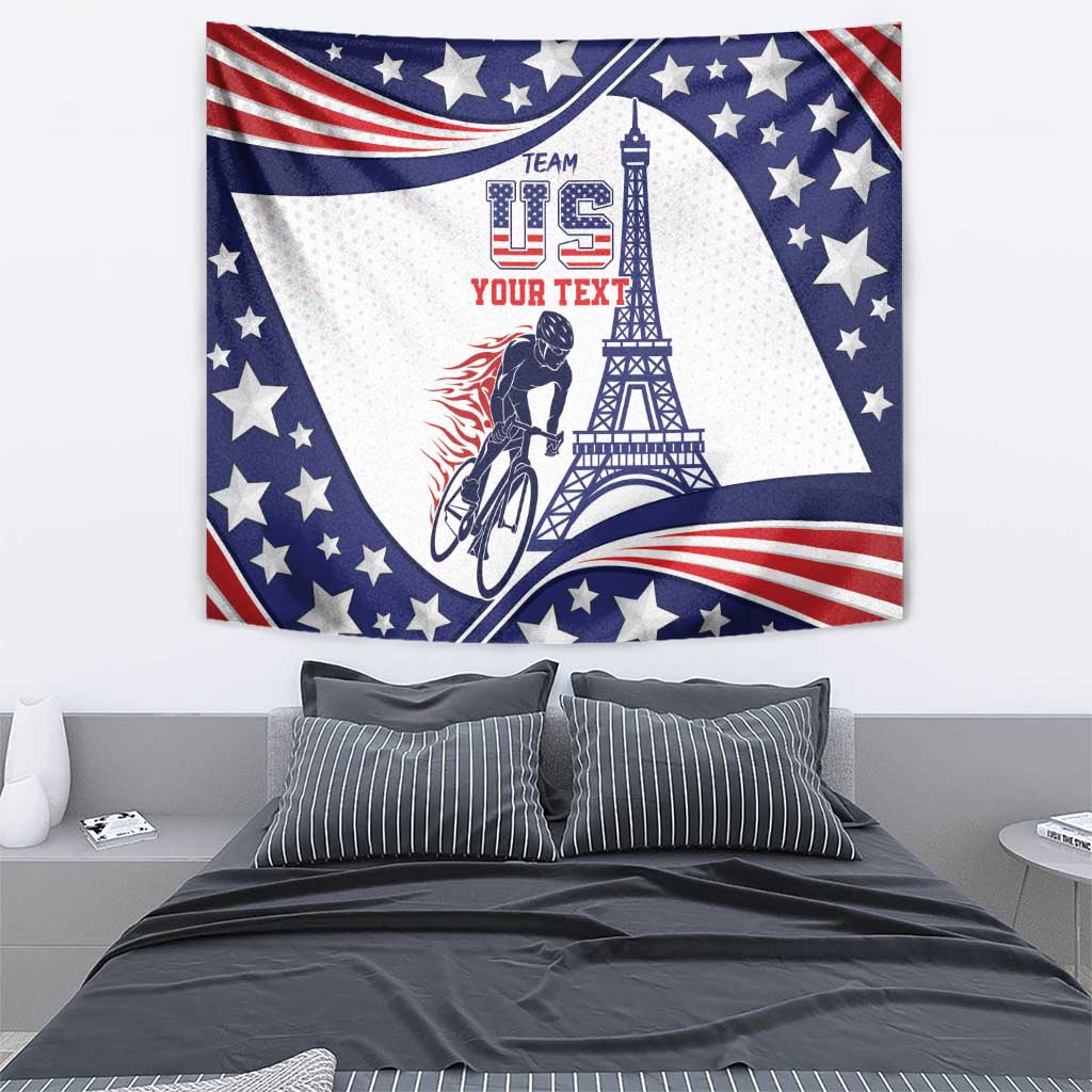 Rectangular patriotic USA cycling tapestry with stars, red stripes, Eiffel tower and cyclist.