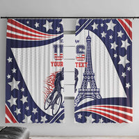 Personalized USA-themed window curtain set, blue stars and red-white stripes with Eiffel Tower graphics.