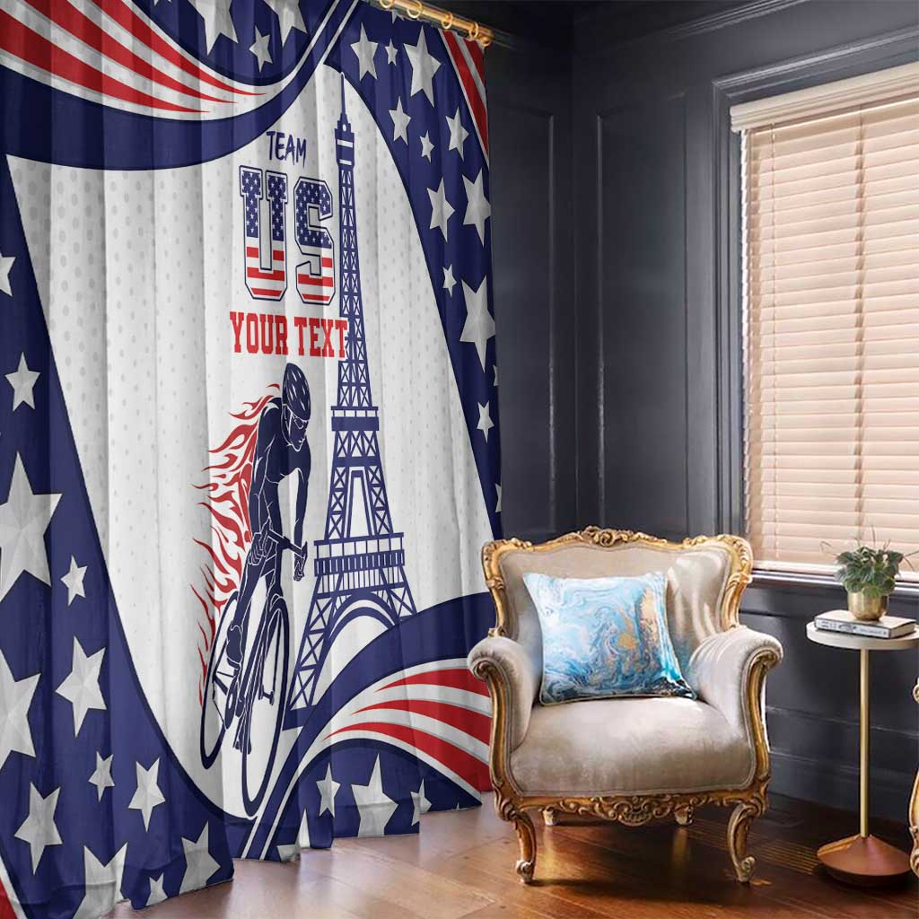 Blue, red, and white USA window curtains with stars, stripes, and Eiffel Tower design.