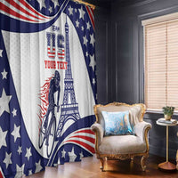 Blue, red, and white USA window curtains with stars, stripes, and Eiffel Tower design.