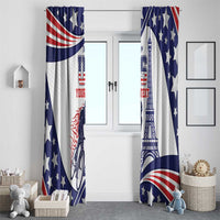 USA window curtains in blue and red with stars-and-stripes pattern and Eiffel Tower imagery.