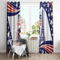 Blue, red, and white USA curtains with stars, stripes, and Eiffel Tower illustration at window.