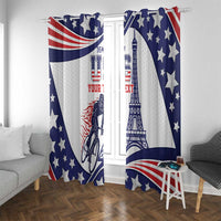 USA patriotic window curtains, blue stars and red-white stripes with Eiffel Tower and text area.