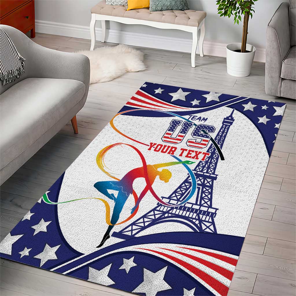 Personalized USA gymnastics area rug with blue star border and gymnast graphic, 'Your Text'.