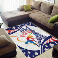 Personalized USA gymnastics area rug with blue stars, gymnast silhouette, and Eiffel Tower art.