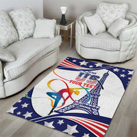 Personalized USA gymnastics area rug in blue with star border, gymnast graphic, 'Your Text'.