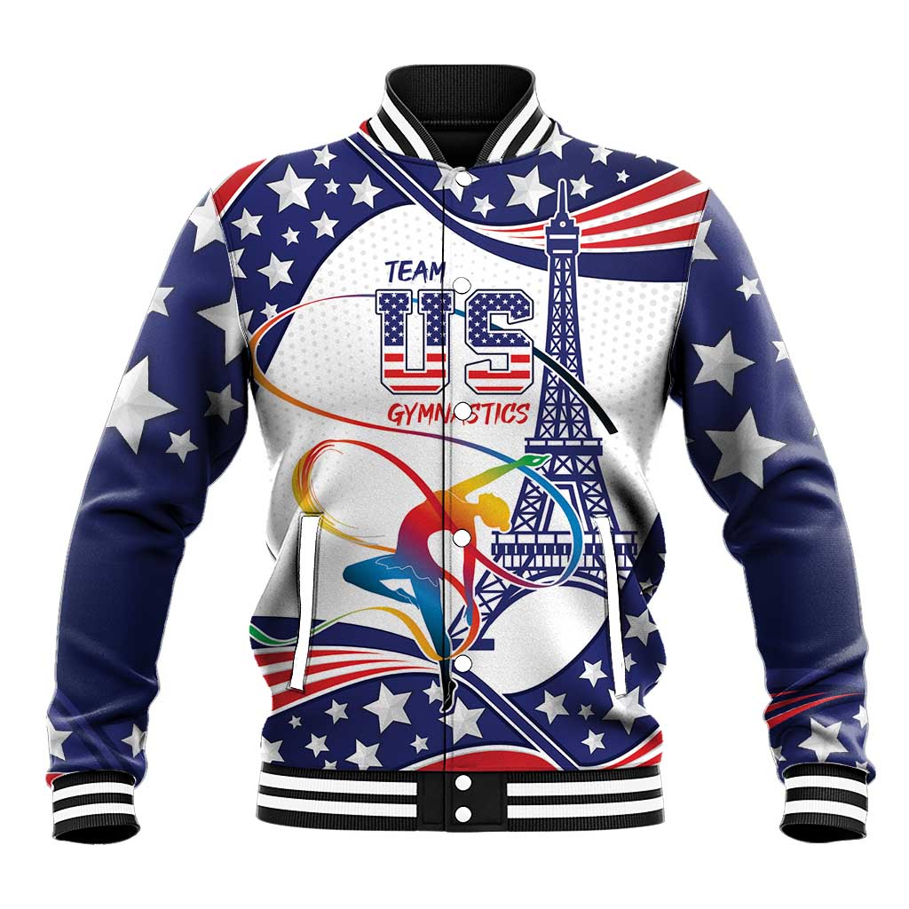 Unisex blue and white baseball jacket with stars, US gymnastics logo, Eiffel tower graphic, varsity trim