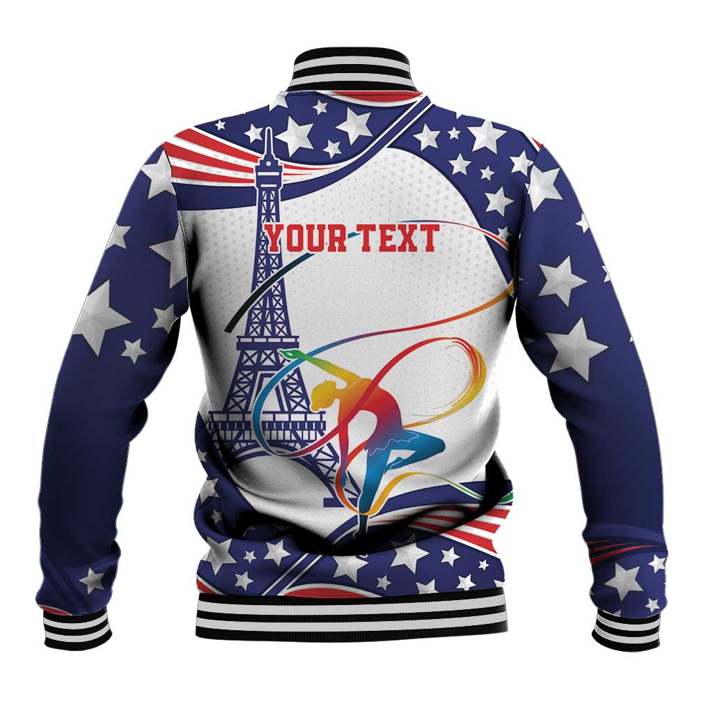Unisex blue and white baseball jacket with star print, Eiffel tower graphics, striped rib trim