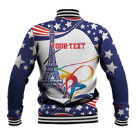 Unisex blue and white baseball jacket with star print, Eiffel tower graphics, striped rib trim