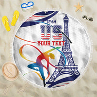 Round personalized beach blanket with fringed edge, white base and blue red gymnastics graphic