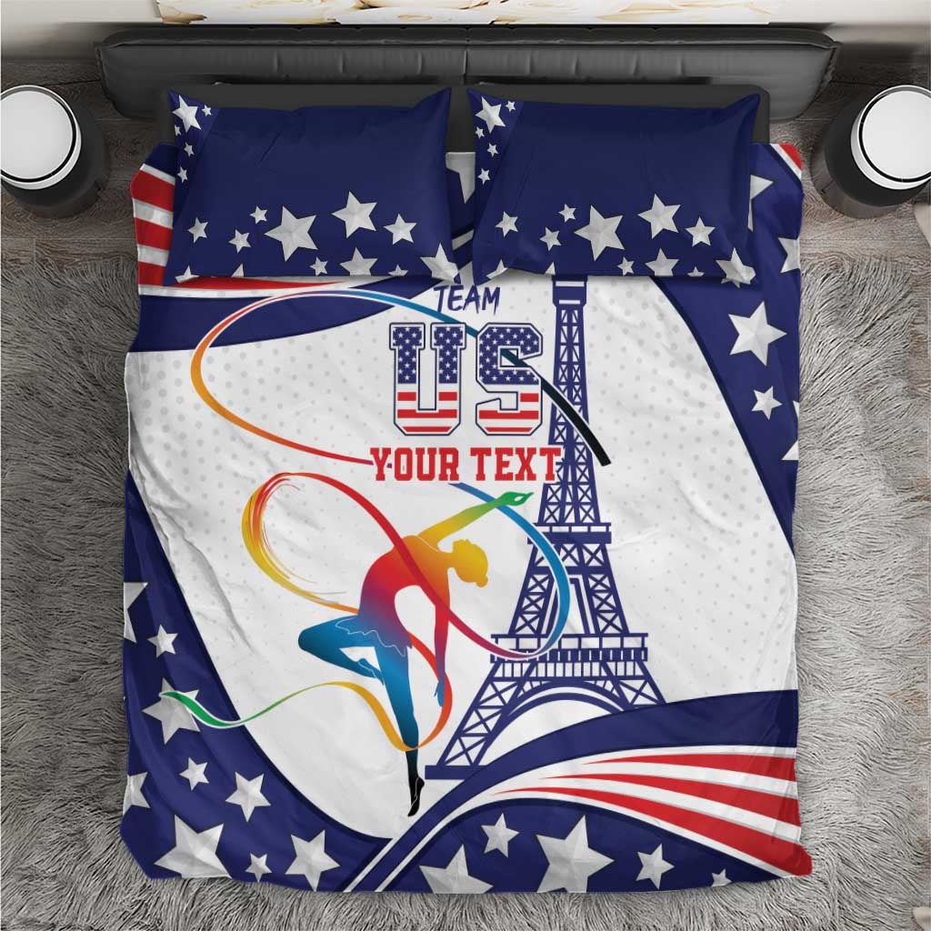 Personalized gymnastics bedding set with blue stars and white center panel, Eiffel Tower graphic