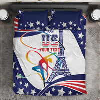 Personalized gymnastics bedding set with blue stars and white center panel, Eiffel Tower graphic