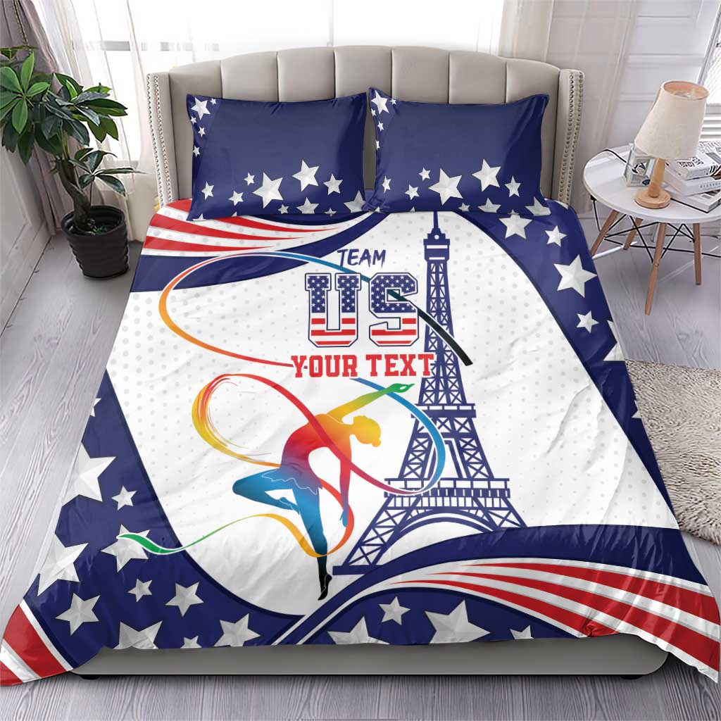 Personalized blue and white bedding set with star pattern, “TEAM” and gymnast silhouette artwork