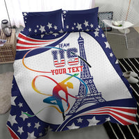Personalized blue and white duvet cover with stars, “TEAM” text, and Eiffel Tower gymnast graphic