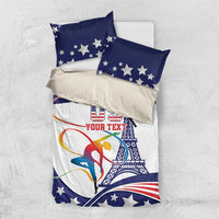 Personalized bedding set with blue star pillows and white duvet featuring USA gymnast and Eiffel Tower