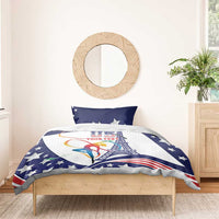 Personalized blue and white bedding set with star pillows and Eiffel Tower gymnast print