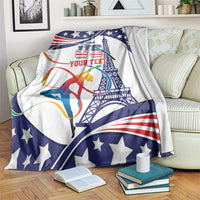 Gymnastics blanket over sofa with blue/white stars, gymnast and tower art plus custom text