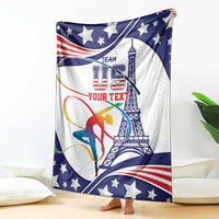 Personalized gymnastics blanket in blue and white with stars, gymnast, and tower graphic