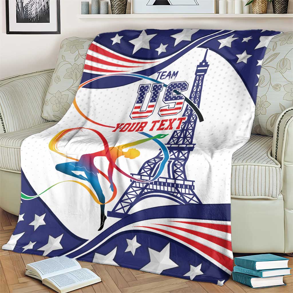 Blue and white gymnastics blanket with stars, gymnast silhouette, tower art, and 'YOUR TEXT'
