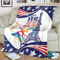 Blue and white gymnastics blanket with stars, gymnast silhouette, tower art, and 'YOUR TEXT'