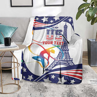 Gymnastics blanket on bed with blue and white stars, gymnast silhouette, and tower print