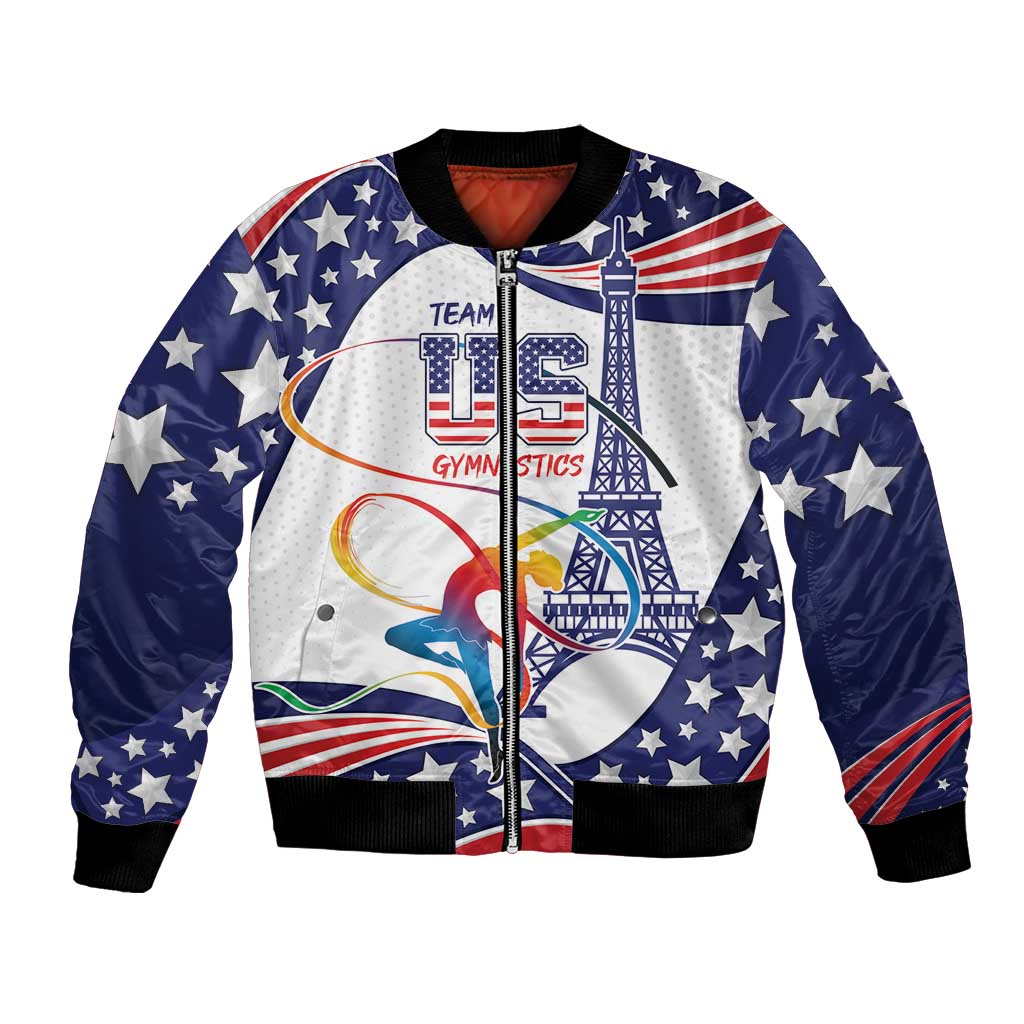Blue bomber jacket with star pattern and gymnastics graphic, full-zip front.