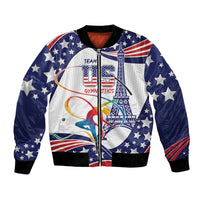 Blue bomber jacket with star pattern and gymnastics graphic, full-zip front.