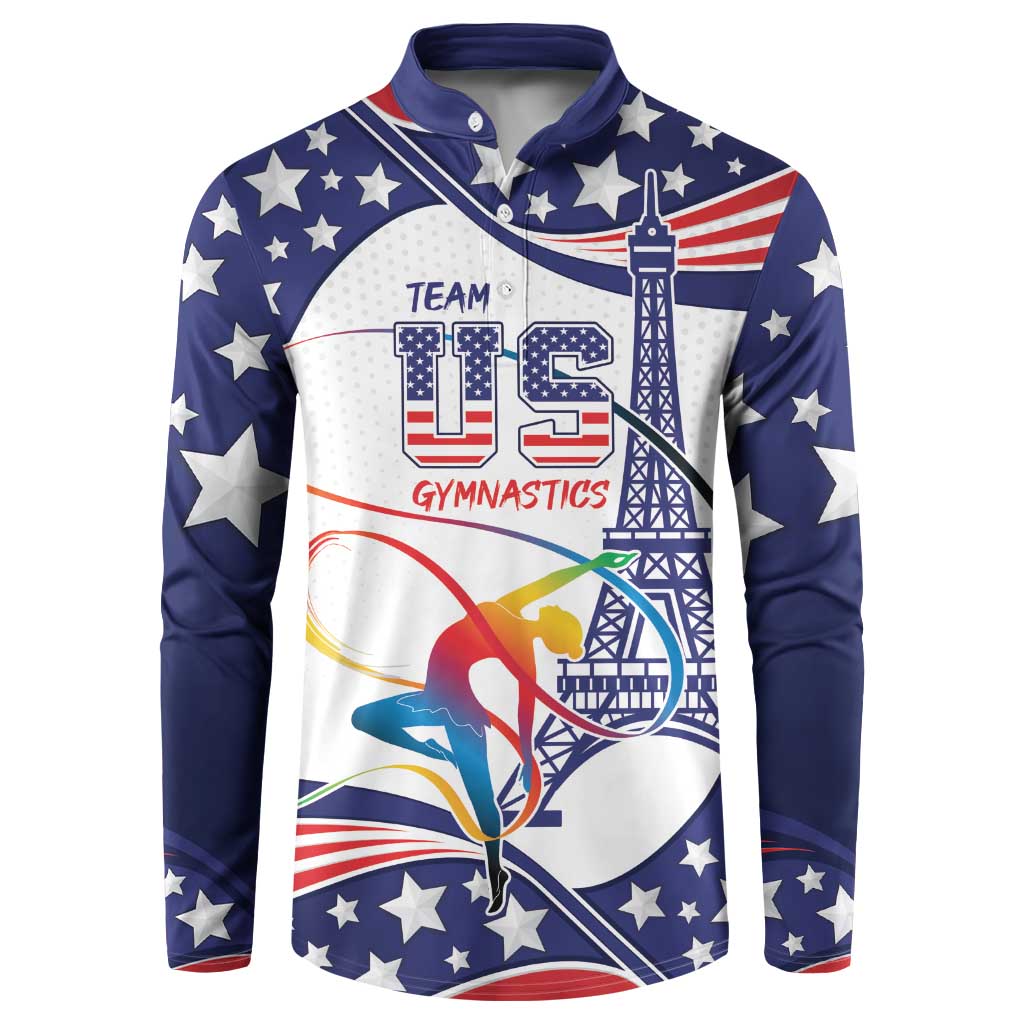 Blue button sweatshirt with stars, “TEAM USA Gymnastics” graphic, long sleeves