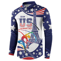 Blue button sweatshirt with stars, “TEAM USA Gymnastics” logo and tower, long sleeves